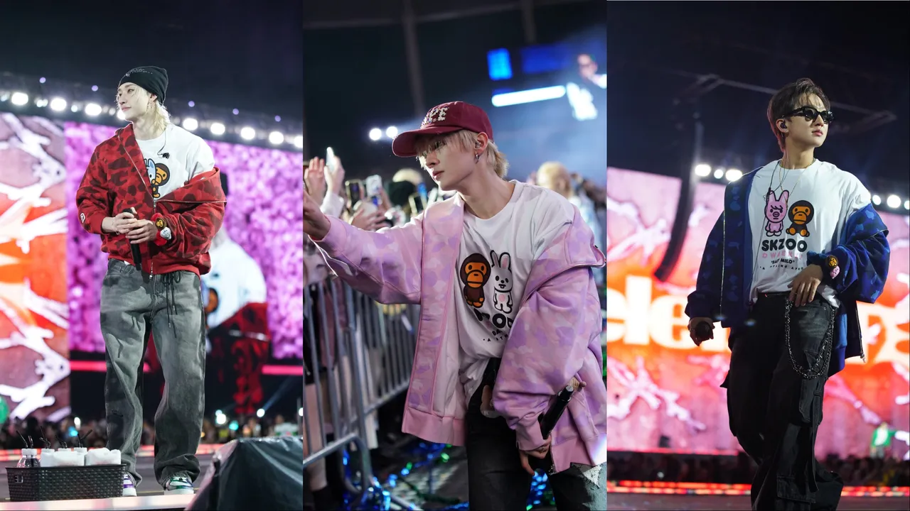 方灿(左起)、Lee Know、彰彬穿著联名系列。品牌提供