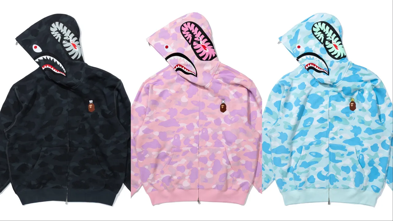 BAPE® × Stray Kids系列鲨鱼连帽衫,各1万1599元。品牌提供