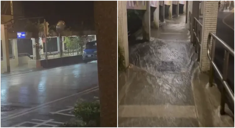 政大因豪雨再度淹水，校園道路成河、學生笑稱「回個宿舍要溯溪」。政大學生授權提供