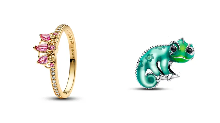PANDORA迪士尼《長髮公主》皇冠造型戒指（左）3680元、帕斯卡造型變色串飾（右）2880元。品牌提供