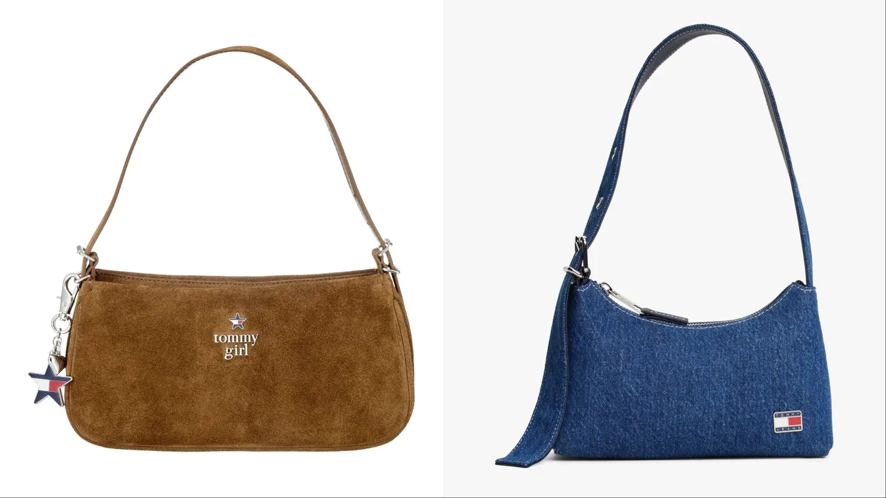 Tommy Girl麂皮肩背包(左)7580元、TOMMY HILFIGER标志饰牌牛仔布单肩包(右)5180元。品牌提供
