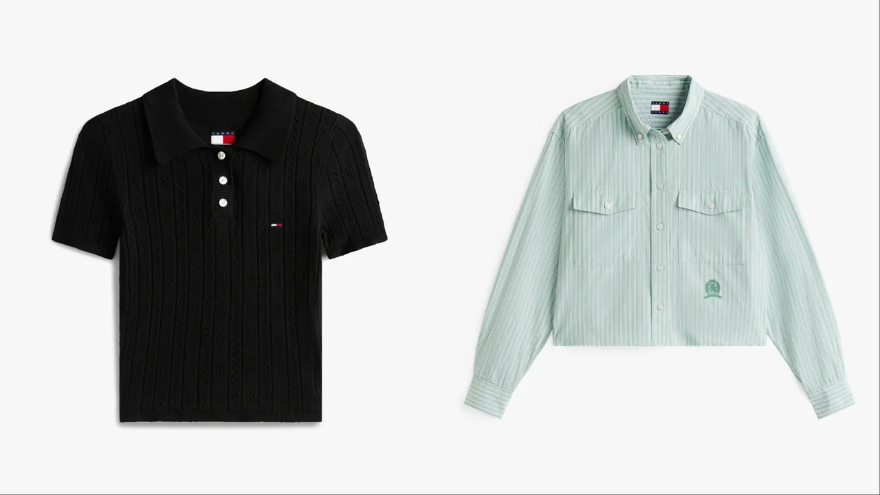 TOMMY JEANS针织通花紧身Polo衫(左)3580元、徽章刺绣宽版短衬衫(右)4380元。品牌提供