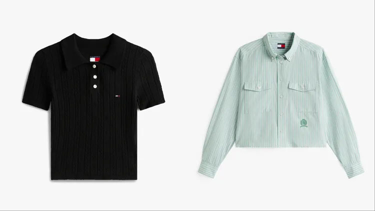 TOMMY JEANS針織通花緊身Polo衫（左）3580元、徽章刺繡寬版短襯衫（右）4380元。品牌提供