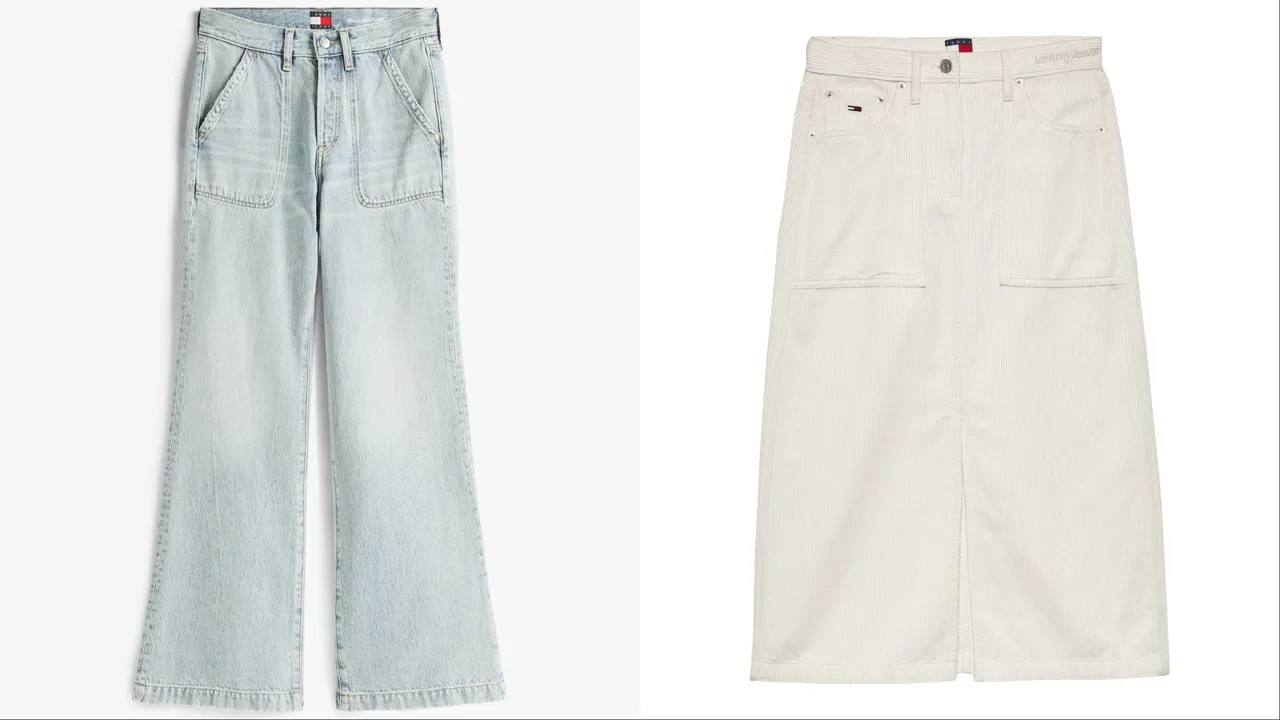 TOMMY JEANS FA25 宽松高腰牛仔裤(左)5580元、灯心绒工装裙(右)4380元。品牌提供