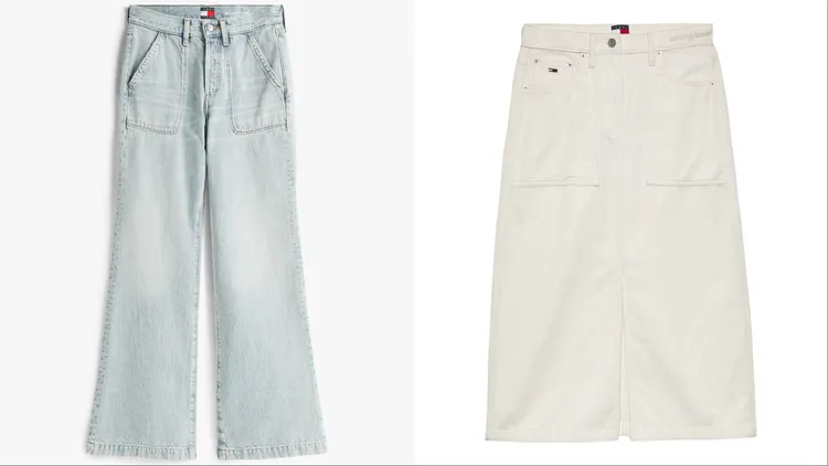 TOMMY JEANS FA25 寬鬆高腰牛仔褲（左）5580元、燈心絨工裝裙（右）4380元。品牌提供