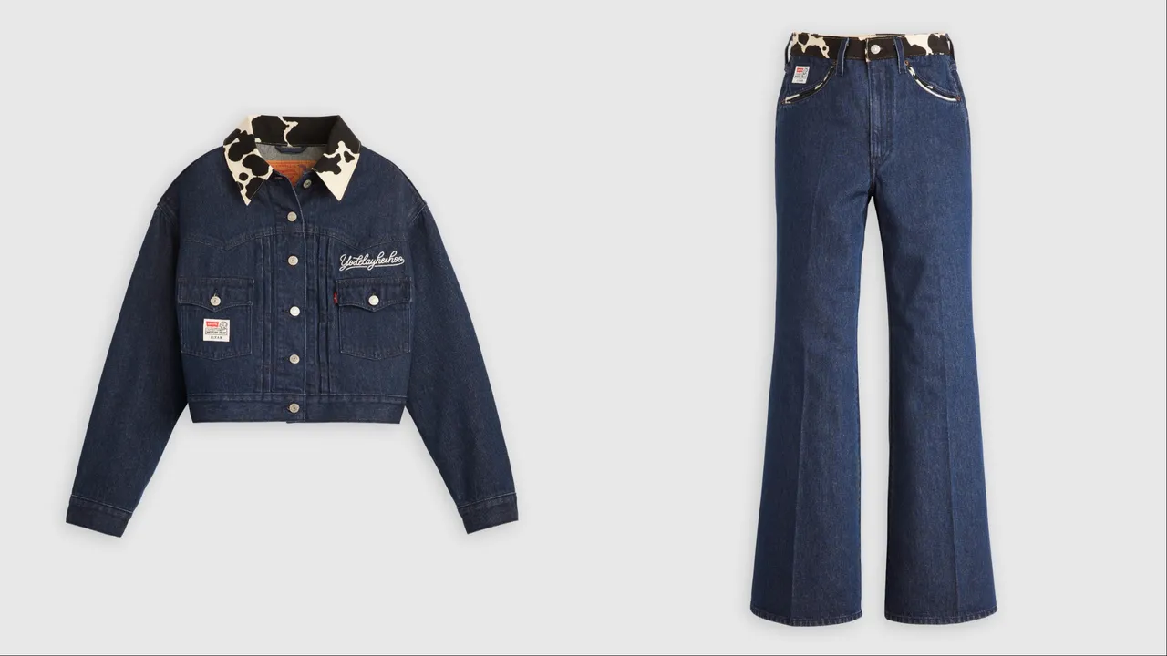Levi’s® x Toy Story Type II 夹克外套(左)4900元、Ribcage Bell 极高腰丹宁喇叭裤(右)3900元。品牌提供