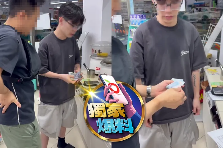 黃姓男子屢屢以留下知名電子廠工作證來取信被害人,還簽訂合約來做保證,未料仍是一場騙局,圖為面交時黃男(圖右)數錢畫面。投訴人提供