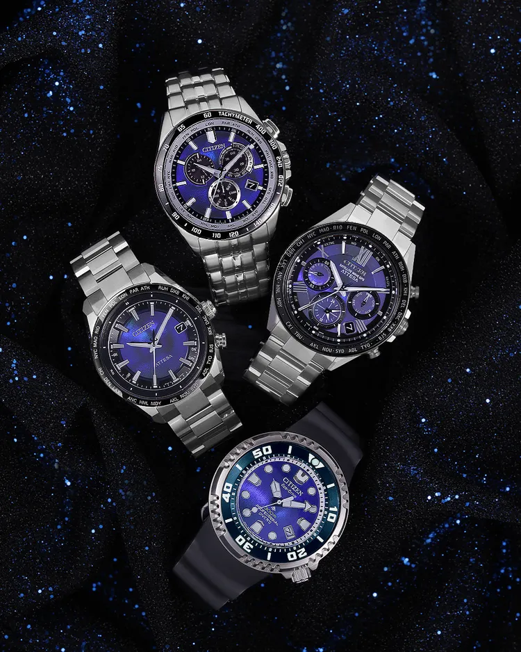 CITIZEN 4款新作採用的海藍結構色錶盤，重現了深海的深邃空間與豐富美感。品牌提供