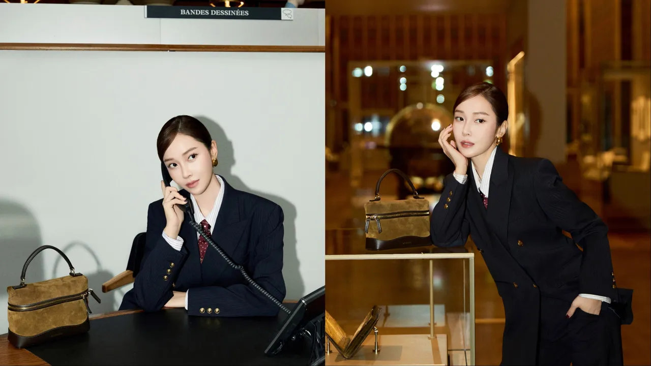 Jessica以紅色波點領帶、皮革拼接手拿包點綴酷帥造型。品牌提供