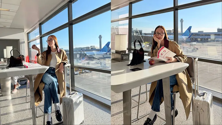 Jessica的機場時尚顯得一派輕鬆。品牌提供