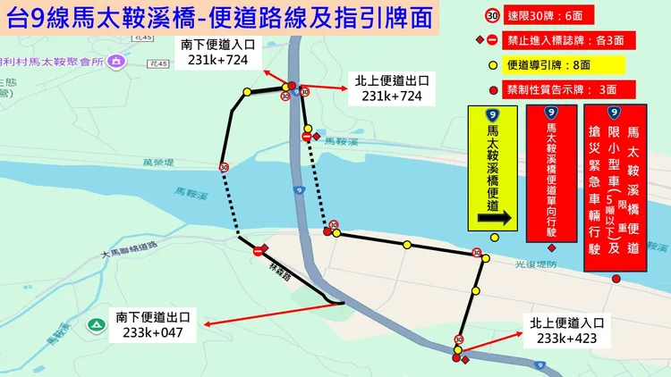 台9線馬太鞍溪橋便道路線指引。公路局提供