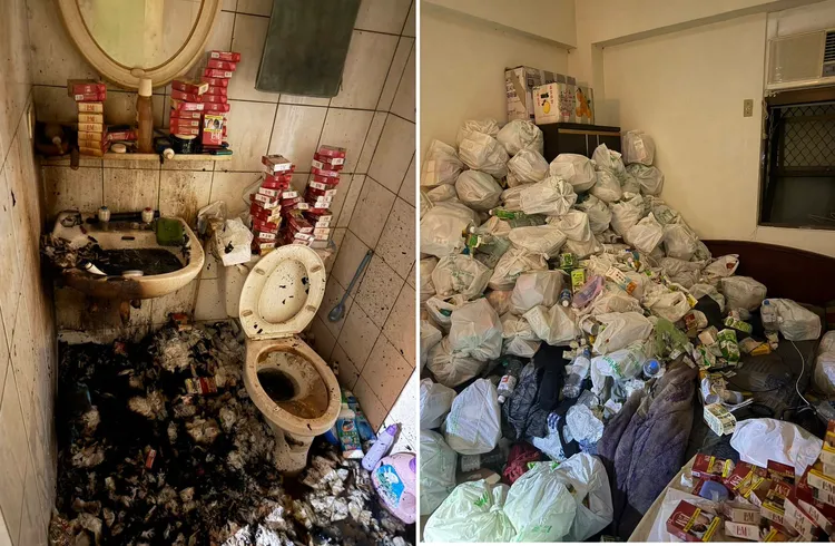 台中市西屯区1处套房昨天发生火势,消防人员到场时火势已自行扑灭,却见到屋内满是垃圾、烟盒及用过的卫生纸。翻摄林寅利脸书