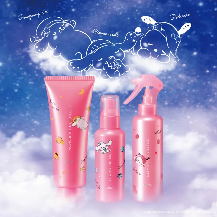 ORBIS x 三麗鷗瞬效護髮精華髮膜200g／520元、瞬效護髮美容液140g／460元、瞬效護髮噴霧180ml／380元。