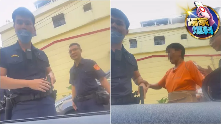 警察获报家庭纠纷，到场驱离违停车辆，一开始就拔枪警戒(左)，70岁阿嬷一时情急捉了一下警员手臂(右)。翻摄画面