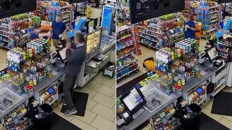 蓝衣男顾客要结帐时,目击枪手击毙店员,然后枪手又望向他然后自杀身亡。翻摄自X