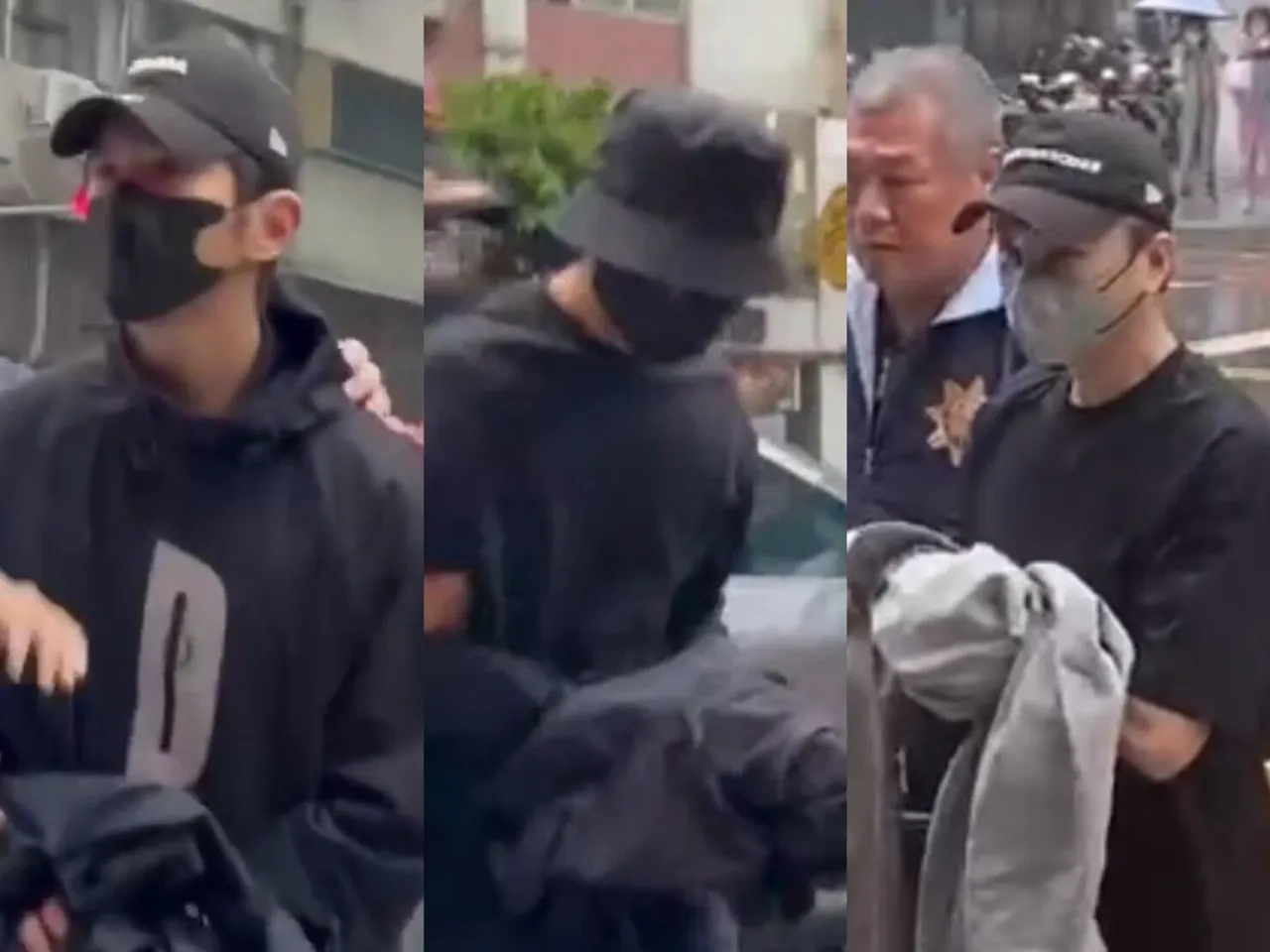 检警闪兵案第三波拘提,(左起)修杰楷、陈柏霖、Energy书纬等4艺人到案,第5人坤达人在国外,全因王大陆律师而起。翻摄画面