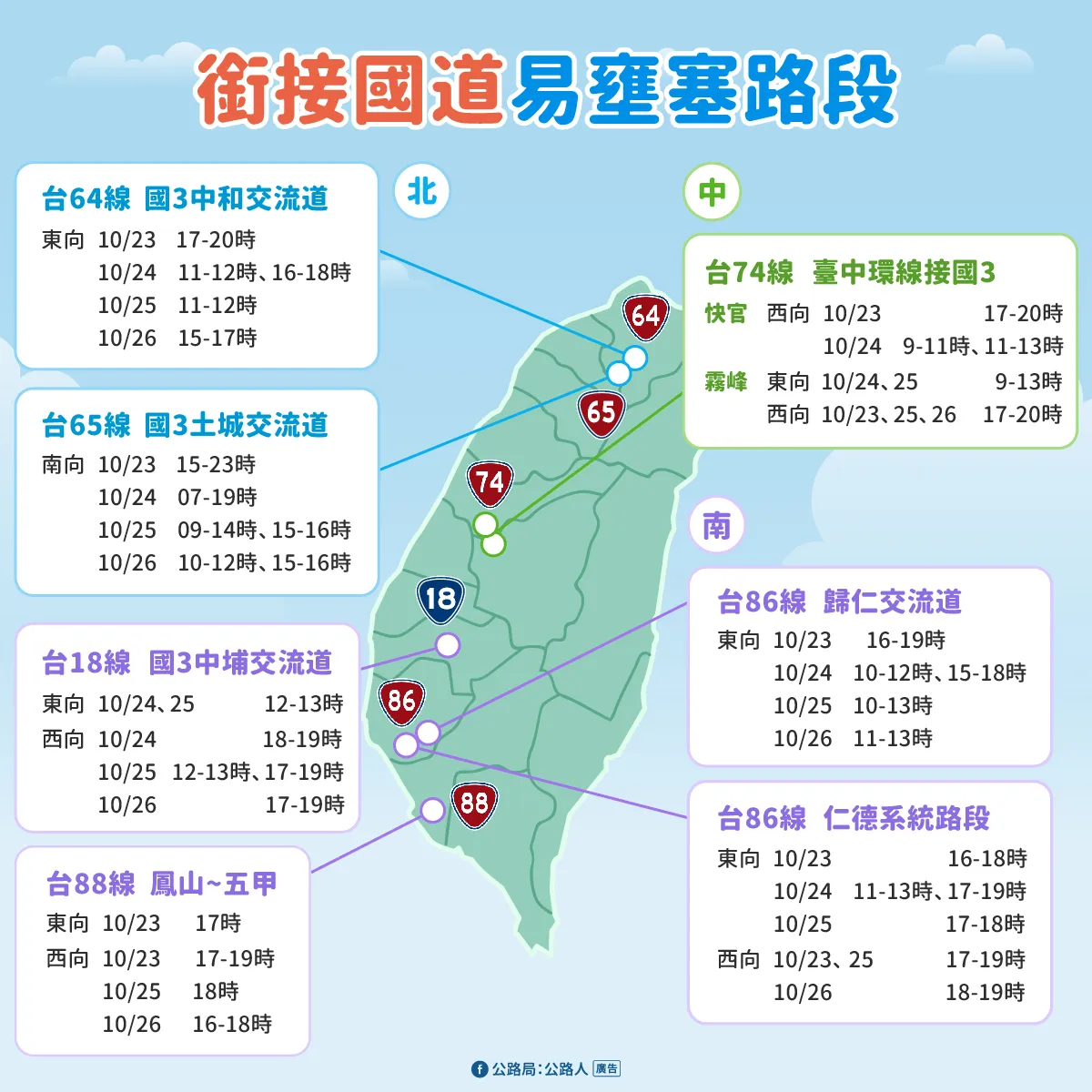 光复节连假衔接国道易壅塞路段。公路局提供