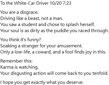 高中生英文版愤怒创作〈To the White-Car Driver〉。翻摄Threads