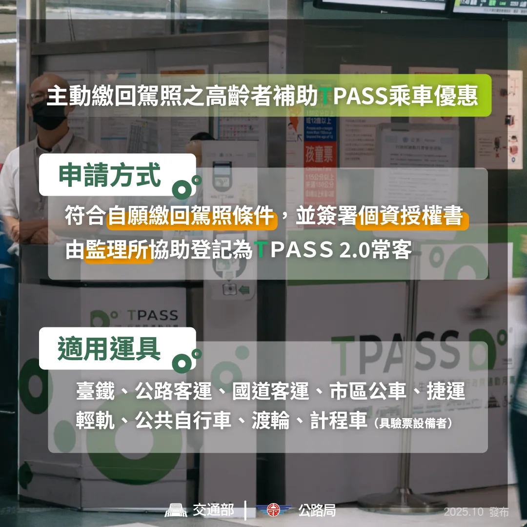 高龄换照补助公共运输适用范围包含公路客运、国道客运、市区公车、台铁、捷运等。交通部脸书