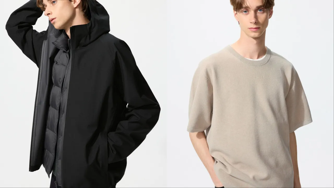 UNIQLO男裝BLOCKTECH防風雨連帽外套(左)限定價1690元、男裝可機洗米蘭羅紋針織T恤(右)限定價590元。品牌提供