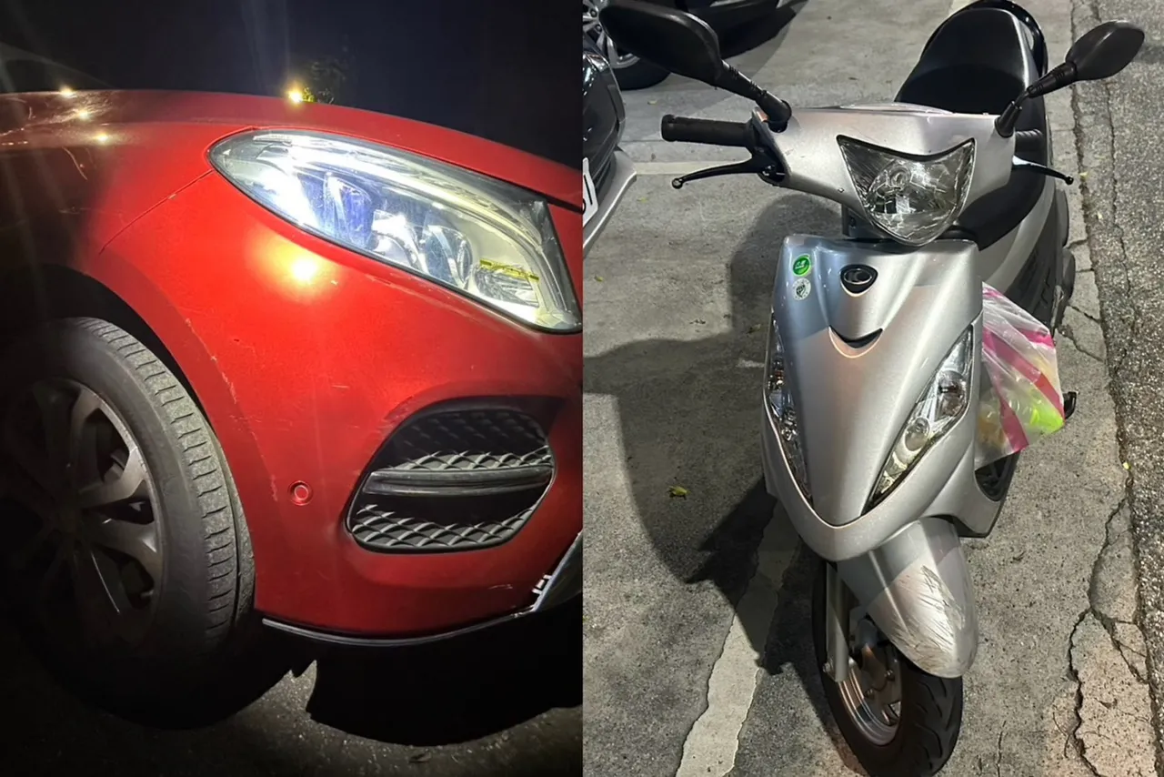 黃子佼的紅色賓士轎車右側車身有擦撞痕跡(圖左),與之發生擦撞的林婦機車(圖右),他辯稱沒感覺才離開現場。翻攝畫面