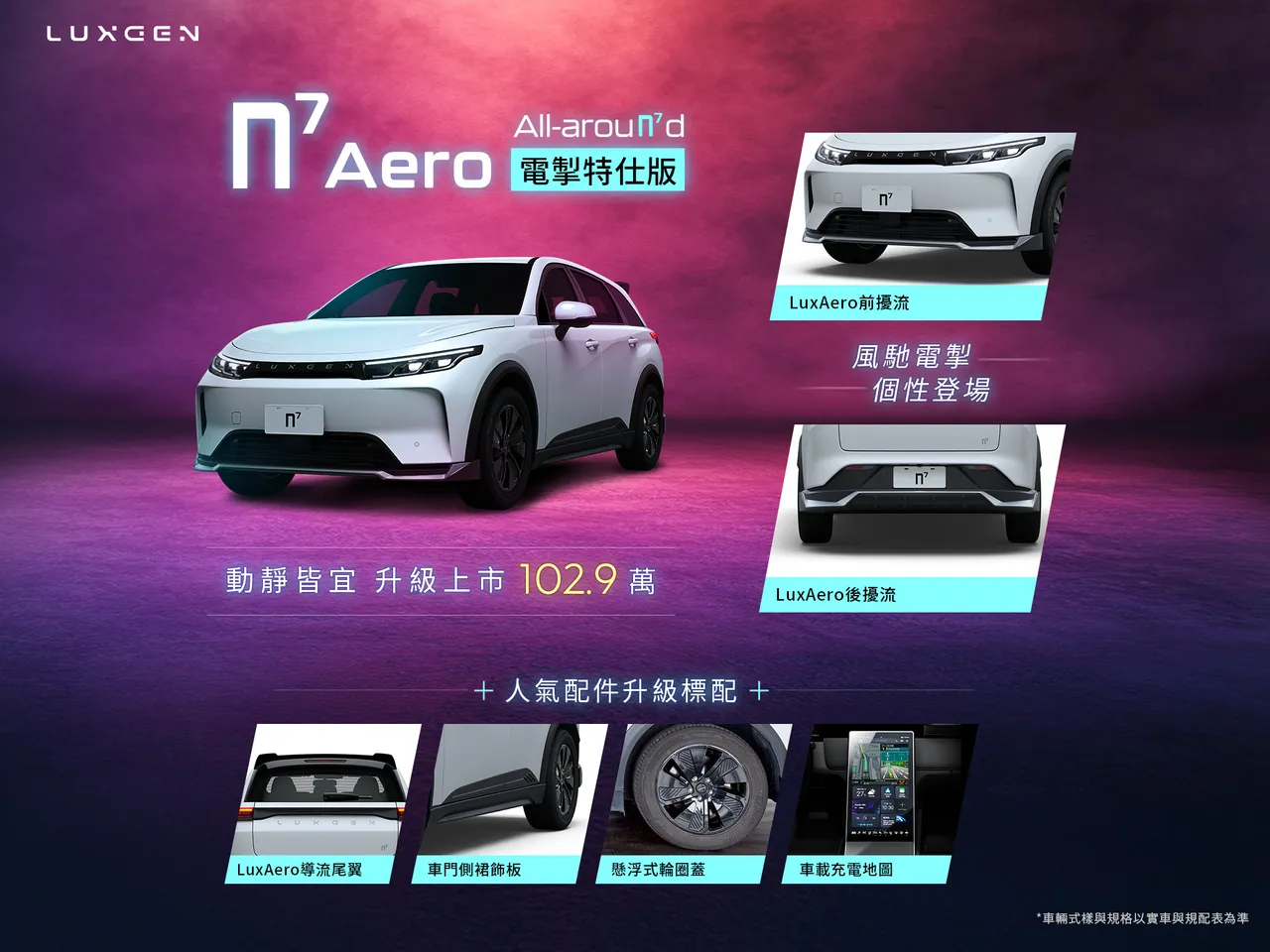 入门的n⁷ 5 人 Aero电掣特仕版(102.9 万元),标配价值4.55万元配件组。业者提供