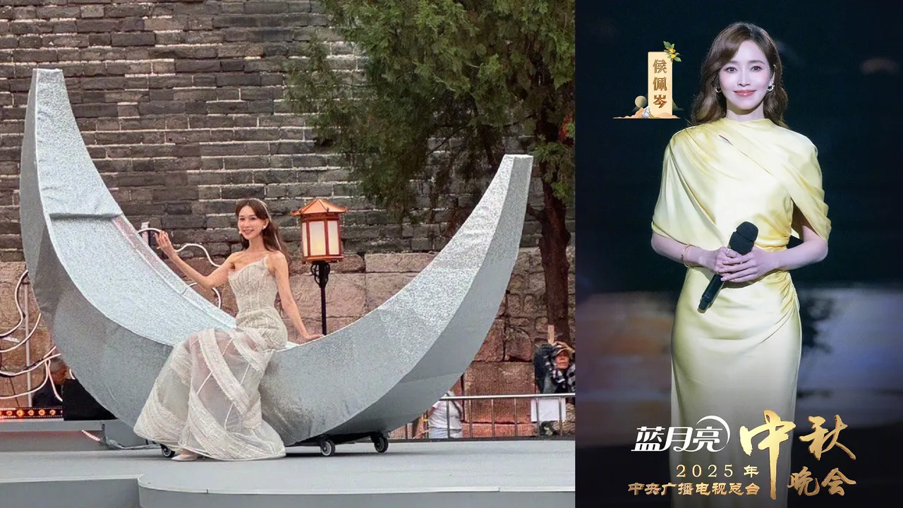 林志玲(左)、侯佩岑分别登上北京卫视秋晚、央视秋晚。翻摄娱乐侦察社微博、侯佩岑微博