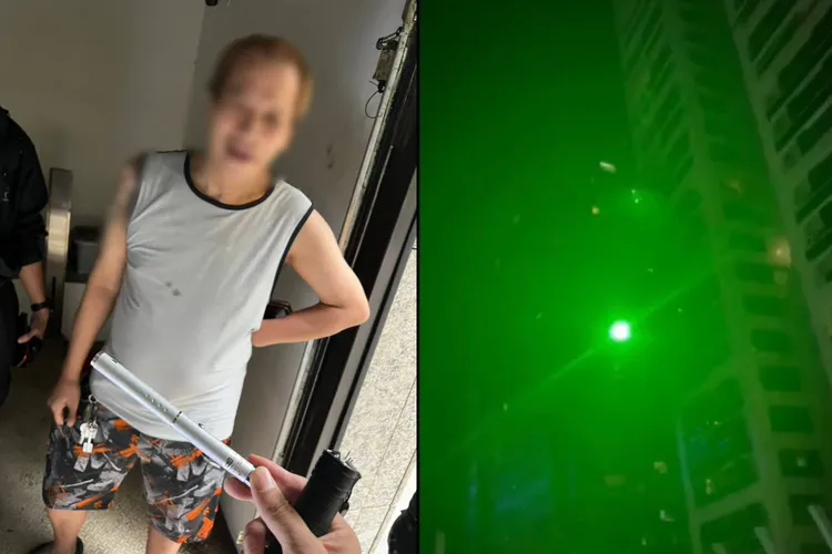 蔡男(图左)在轨道旁高楼社区内用雷射笔投射光线干扰淡海轻轨列车,警方在现场时调查时,绿光(图右)还不停在高楼闪烁。翻摄画面