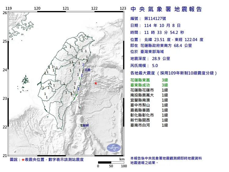 今天上午11時33分花蓮外海又發生芮氏規模5.0地震。
