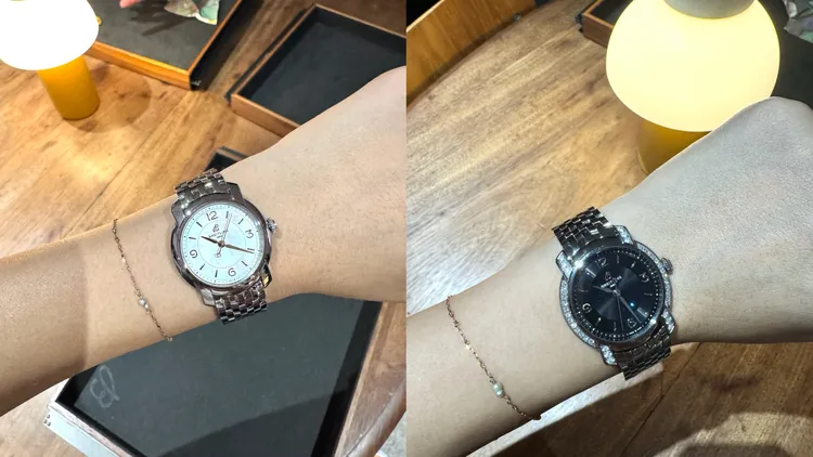 百年靈Lady Premier石英腕錶，32mm，精鋼錶殼，午夜黑/珍珠母貝/墨藍錶盤，精鋼七排Shevron錶鍊，百年靈77型SuperQuartz機芯，防水深度100米，21萬4000元（黑）、13萬5000元（珍珠母貝）、21萬4000元（藍）。張家玲攝