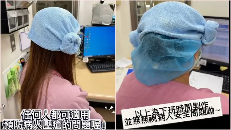 韓劇去汗蒸幕都會看到主角們在頭上綁上綿羊頭，護理師則分享，在醫院中是為了避免耳朵、頭後面壓傷。ford_lee0505授權提供