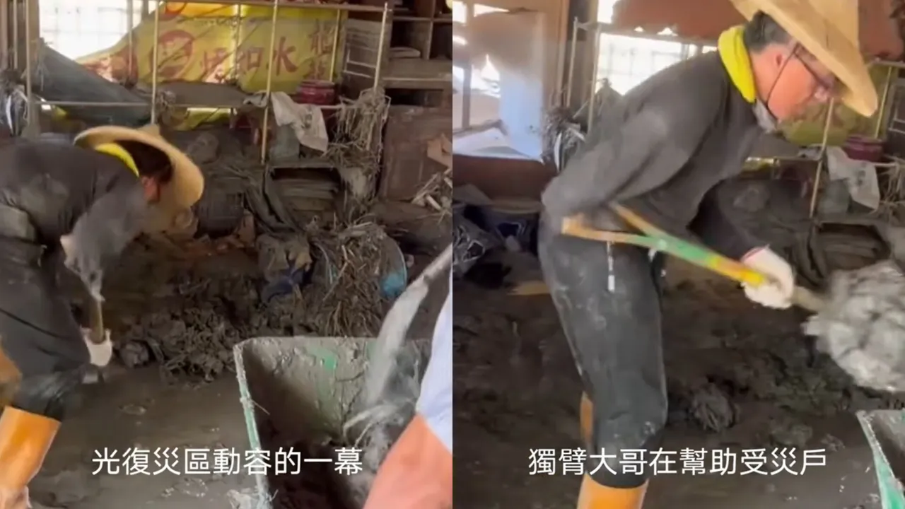 花莲灾区惊见「独臂超人」俐落铲著土。翻摄《@user34726575716105》TikTok