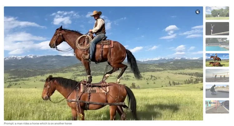 Sora 2生成畫面示範：一名牛仔騎在另一匹馬上的馬背上，呈現違反現實卻高度擬真的場景。OpenAI