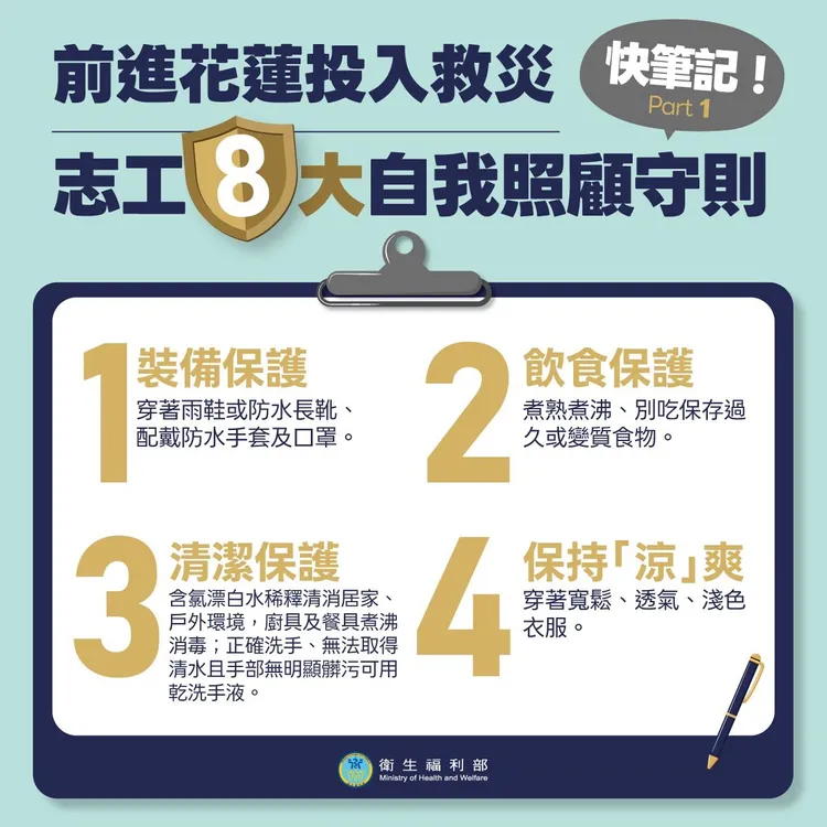 救災志工8大自我照顧守則。翻攝自衛福部臉書