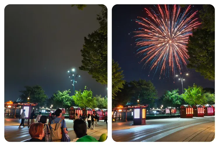 透過人像中的「路人清除」以及「煙火」模式就能打造出夢幻煙火情境，左為迪士尼晚間散場原圖，右為AI調整後畫面。趙筱文攝