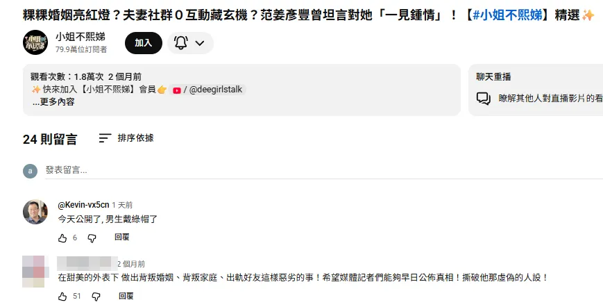 2个月前就有网友爆料粿粿背叛婚姻。翻摄《小姐不熙娣》YT