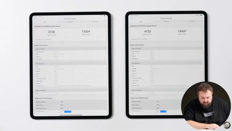 左為 M4 iPad Pro，Geekbench 6單核3748、多核 13324；右為M5 iPad Pro，單核4133、多核15437，效能提升約一成至一成半。Wylsacom YouTube