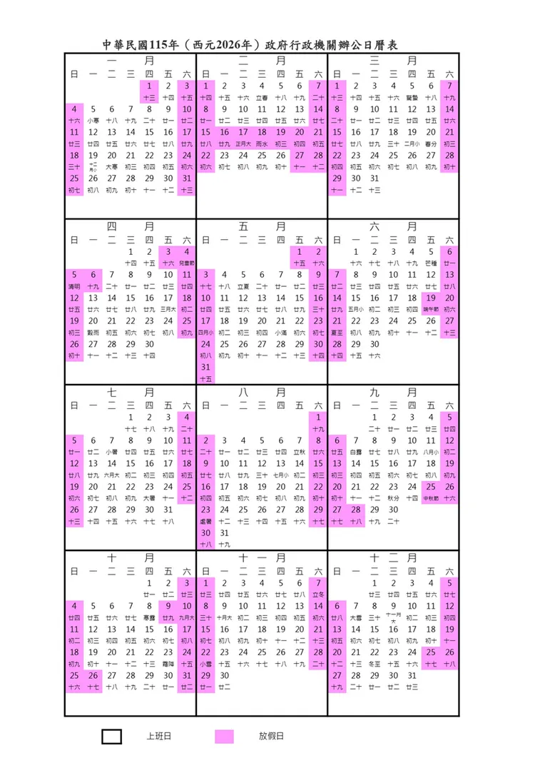 2026年行事历揭晓,休假日比今年多出5天。行政院人事总处