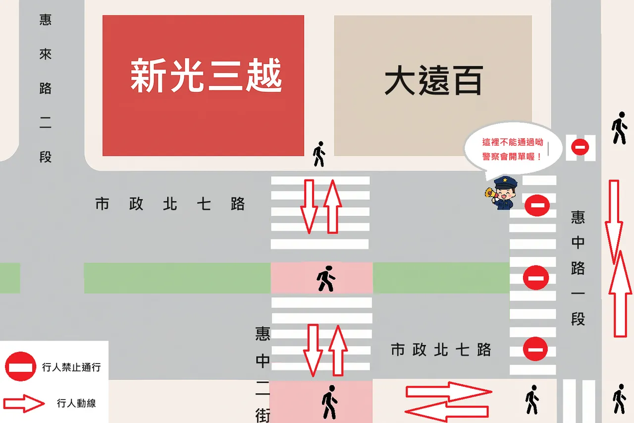 假日尖峰时段行人禁行惠中路、市政北七路口西侧及北侧行人穿越道,改从惠中二街穿越市政北七路。警方提供