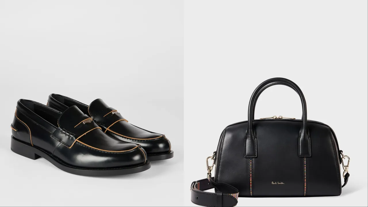 Paul Smith黑色皮革LUCKY乐福鞋(左)2万6800元、黑色饰彩条皮革提包(右)2万7800元。品牌提供