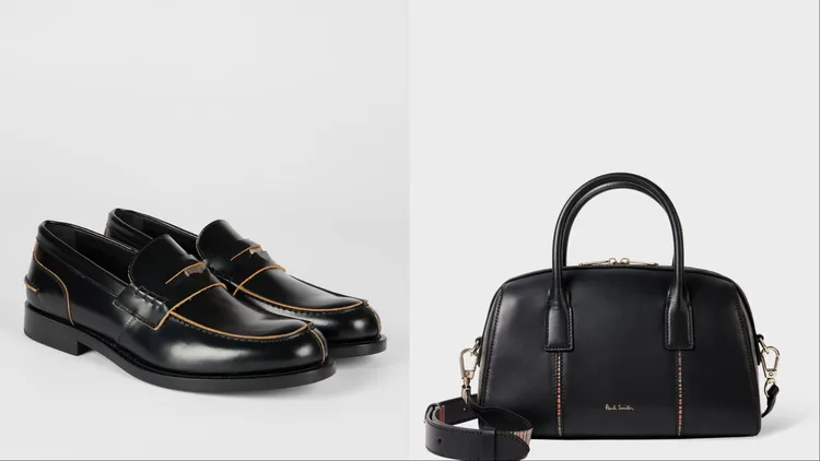 Paul Smith黑色皮革LUCKY樂福鞋（左）2萬6800元、黑色飾彩條皮革提包（右）2萬7800元。品牌提供