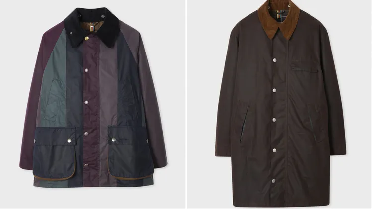 Paul Smith Loves Barbour 色塊拼接油布外套（左）2萬3500元、軍綠長版油布外套（右）2萬6000元。品牌提供