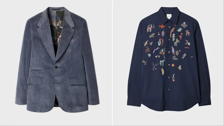Paul Smith丁香紫燈心絨西裝外套（左）3萬7800元、動物圖案刺繡襯衫（右）1萬5300元。品牌提供