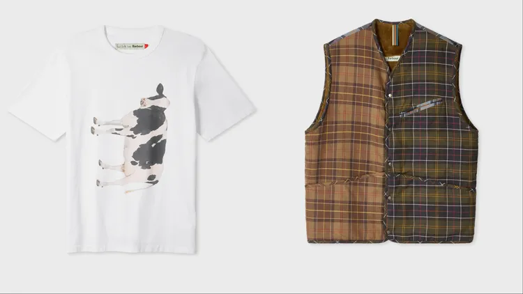 Paul Smith Loves Barbour乳牛圖案T-shirt （左）3000元、格紋內刷毛背心（右）7000元。品牌提供