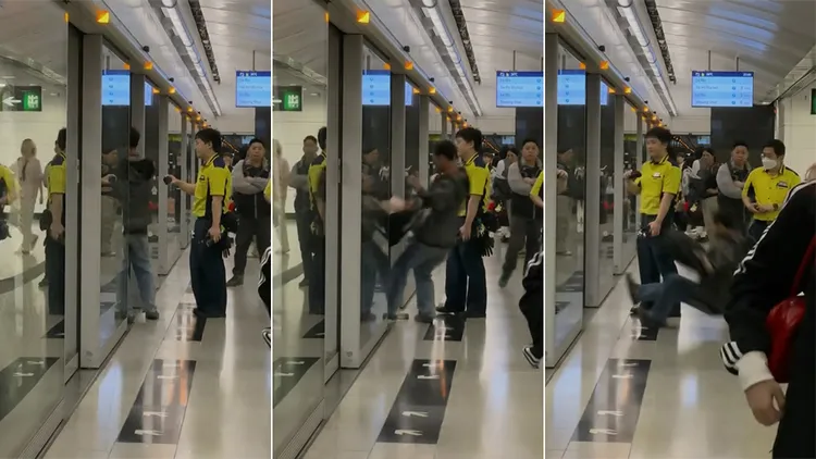 堵在车厢门闹事的酒醉大叔,被男乘客一脚踹飞。翻摄自threads