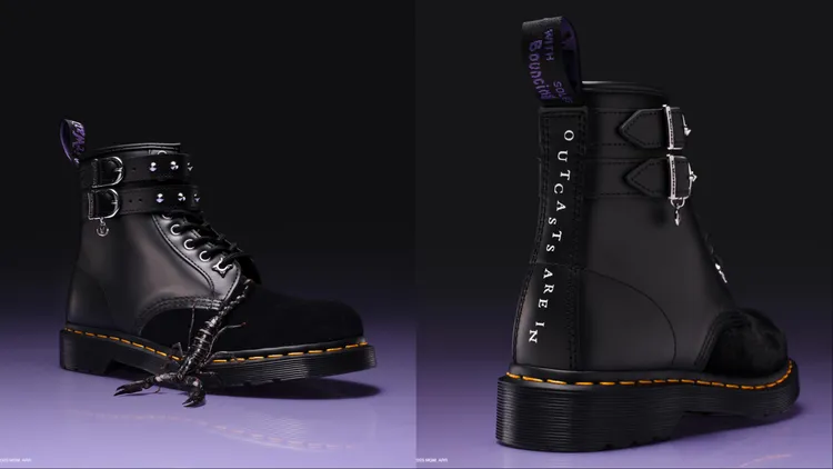 經典1460八孔馬汀靴以雙扣帶、後跟標語呼應星期三．阿達的叛逆感。品牌提供