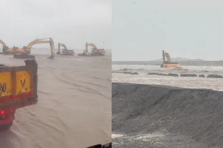 網友於車上拍影片稱「台北港海水倒灌潰堤了」，只說對了一半，港務公司澄清並無潰堤。翻攝自Threads@qoo__1258
