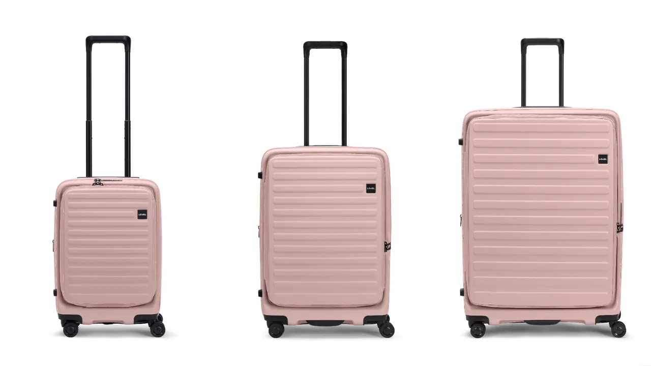 LOJEL CUBO嫩粉色行李箱21吋(左起)/1万1800元、26吋/1万3800元、30吋/1万5800元。品牌提供