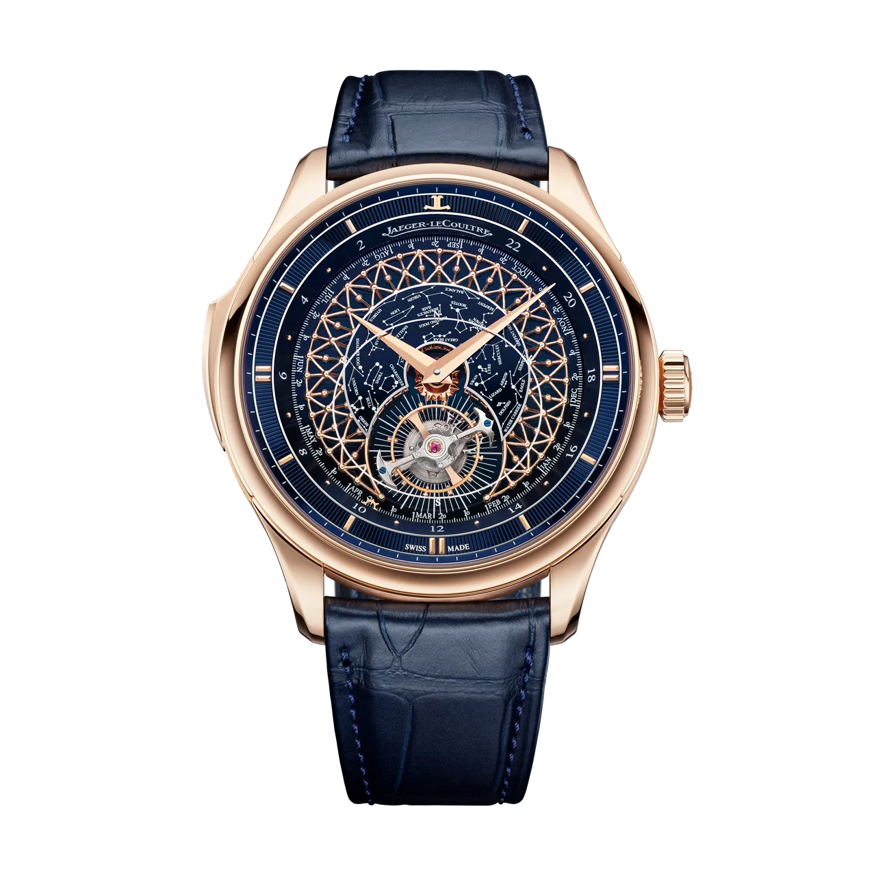 积家Master Hybris Artistica Calibre 945 超凡复杂工艺大师系列945型机芯腕表,45mm, 18K玫瑰金表壳,午夜蓝色大明火珐瑯穹顶搭配金色金银丝结构表盘,蓝色鳄鱼皮表带,积家自制945型手动上链机械机芯,动力储存40小时,防水深度50米,限量5只。品牌提供