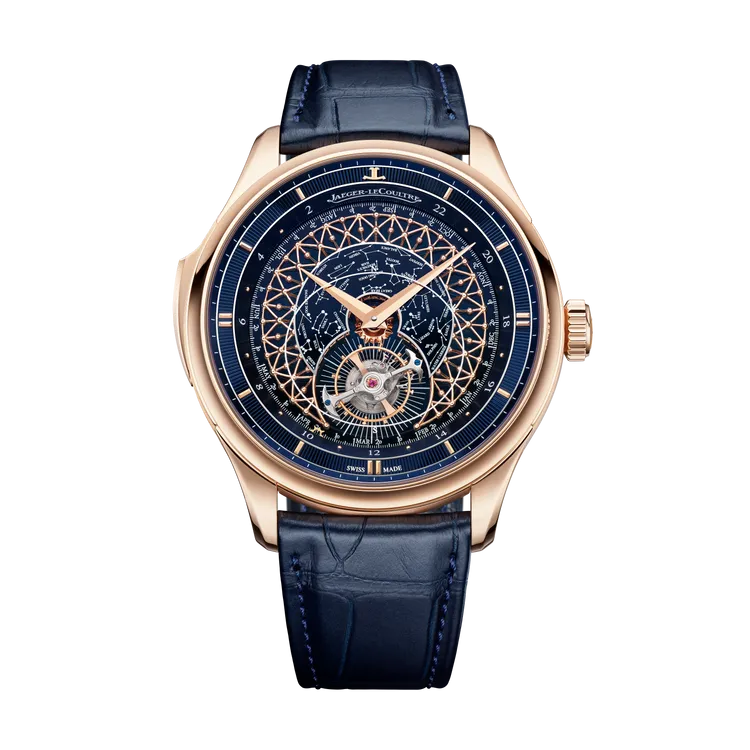 積家Master Hybris Artistica Calibre 945 超凡複雜工藝大師系列945型機芯腕錶，45mm， 18K玫瑰金錶殼，午夜藍色大明火琺瑯穹頂搭配金色金銀絲結構錶盤，藍色鱷魚皮錶帶，積家自製945型手動上鏈機械機芯，動力儲存40小時，防水深度50米，限量5只。品牌提供